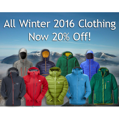 20% Off All Winter 2016 Clothing! Plus we’ve still got some Arc’teryx samples left on sale.